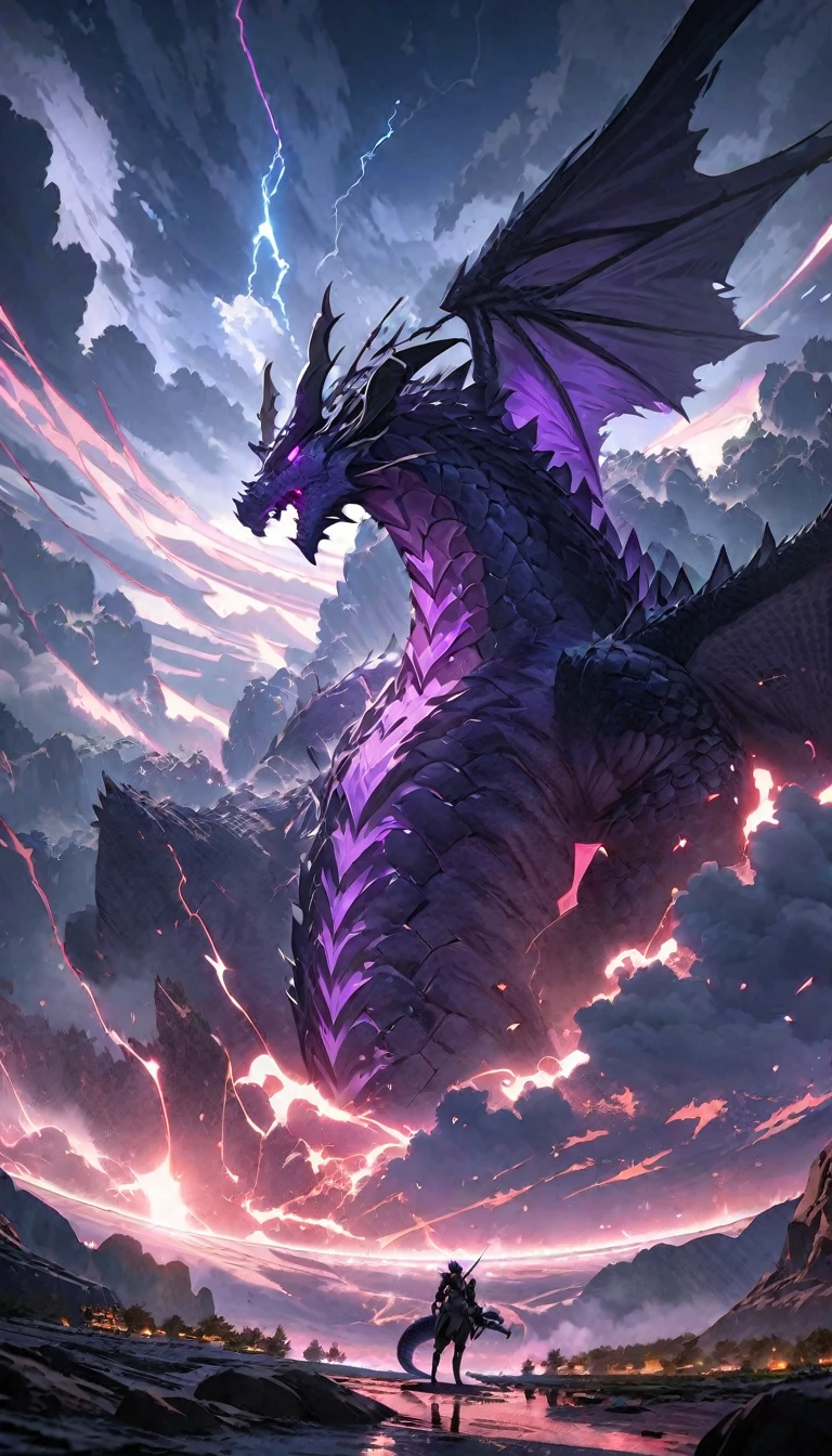  anime aestetics, anime scenery, mythical creature, a storm dragon flying close to the stormclouds, dark blue scales, violet skin, long curvy horns, electric impulses covering the body, epic scene, thunder storm, skyscape, anatomicaly correct, western dragon, dnd, dark fantasy, dungeons and dragons, wide shot, atmospheric perspective, perspective, best quality, highres, HD, 4K, award winning, super detail, accurate, masterpiece, anatomically correct, textured skin