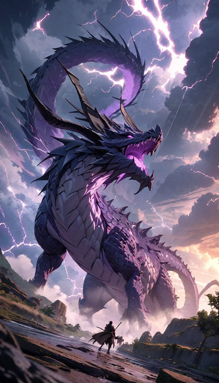 anime aestetics, anime scenery, mythical creature, a storm dragon flying close to the stormclouds, dark blue scales, violet skin, long curvy horns, electric impulses covering the body, epic scene, thunder storm, skyscape, anatomicaly correct, western dragon, dnd, dark fantasy, dungeons and dragons, wide shot, atmospheric perspective, perspective, best quality, highres, HD, 4K, award winning, super detail, accurate, masterpiece, anatomically correct, textured skin