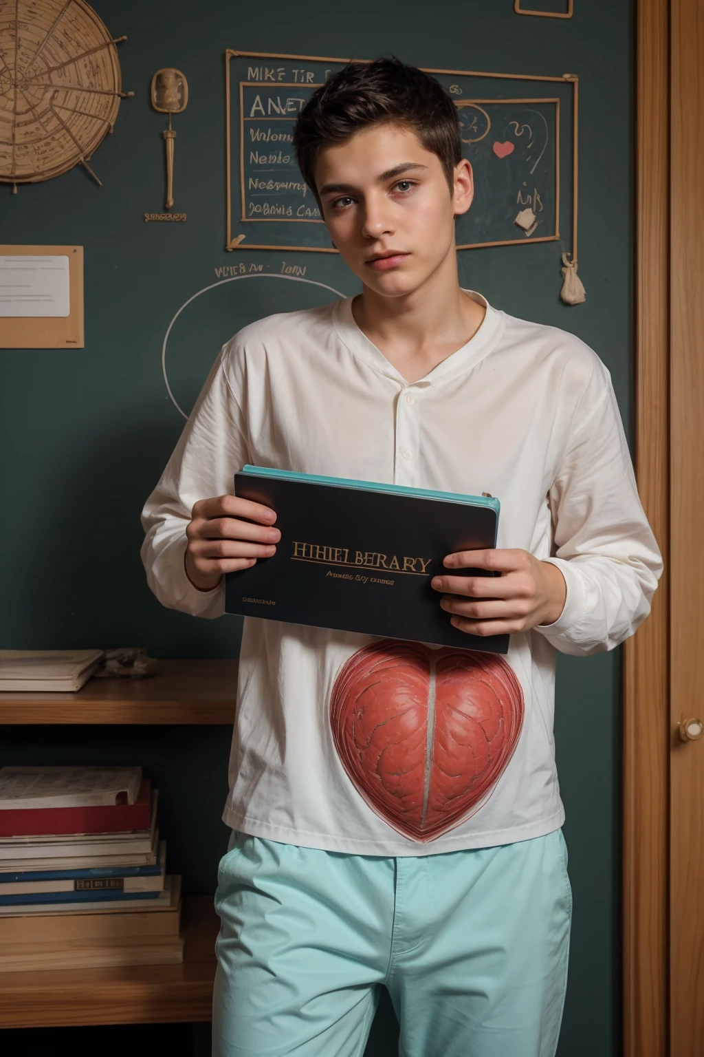 A beautiful young man, a cute male twink, with black hair and a face with reddish make-up. He wears a bright white long-sleeved shirt and aqua blue pants. He is in his office, and behind him is a blackboard on which is written the shape of the brain and its anatomy. Nuclear energy emerges from it, and in his hand is a plaque with manuscripts on it.  Anatomy of the heart and neon energy comes out of it.