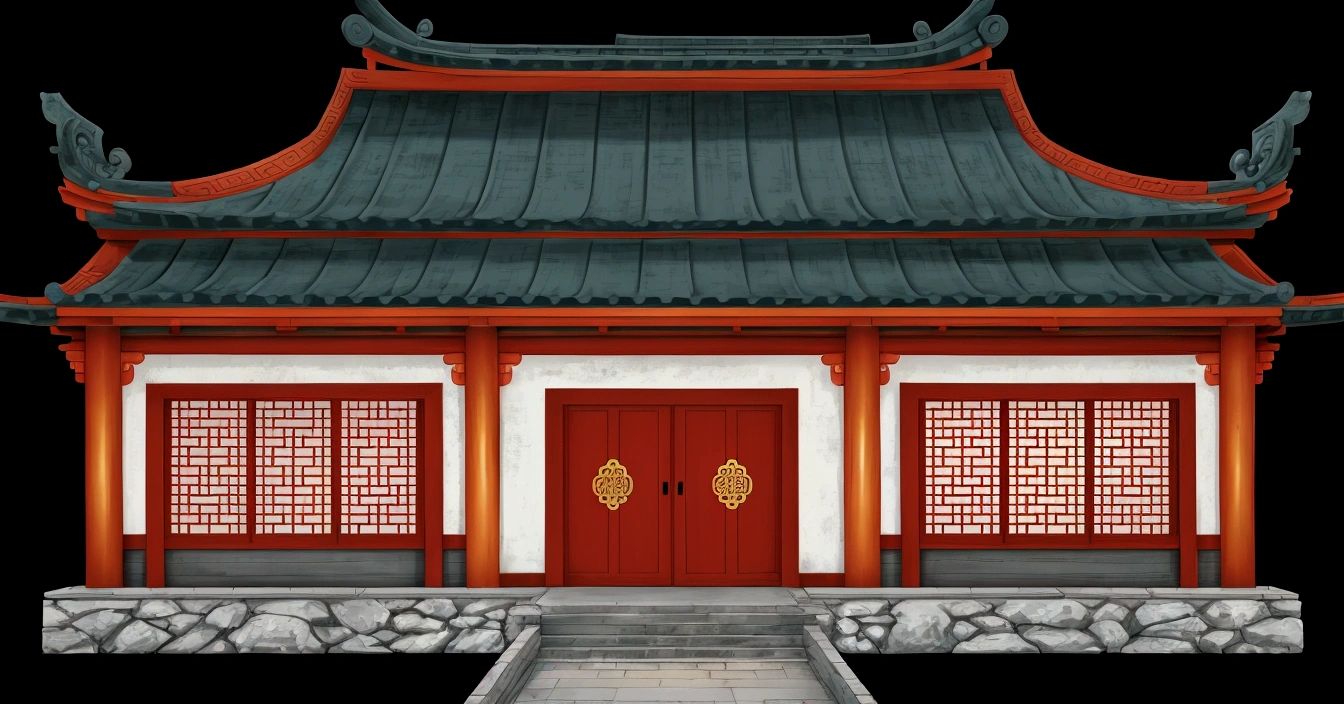 illustration of a traditional chinese house with a red door and a green roof, temple background, zen temple background, background depicting a temple, palace background, house background, chinese building, background art, digital painting of a pagoda, tang dynasty palace, korean traditional palace, detailed scenery —width 672, anime background art, an extremely detailed building, random background scene