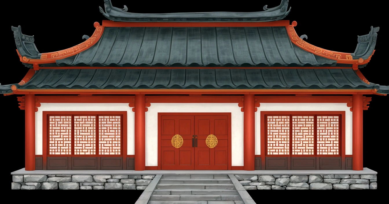 illustration of a traditional chinese house with a red door and a green roof, temple background, zen temple background, background depicting a temple, palace background, house background, chinese building, background art, digital painting of a pagoda, tang dynasty palace, korean traditional palace, detailed scenery —width 672, anime background art, an extremely detailed building, random background scene