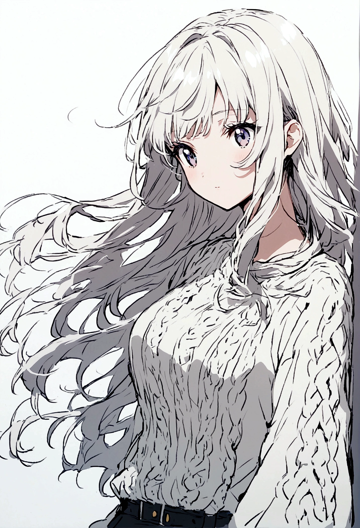 anime girl with waist length hair wearing a large sweater
