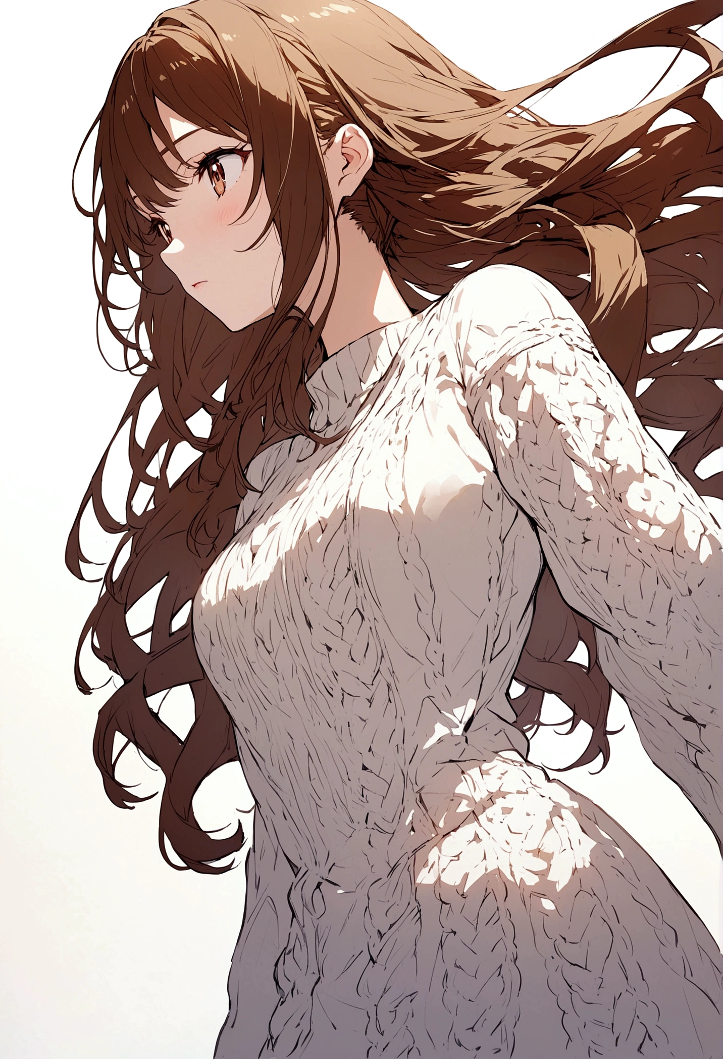 anime girl with waist length hair wearing a large sweater