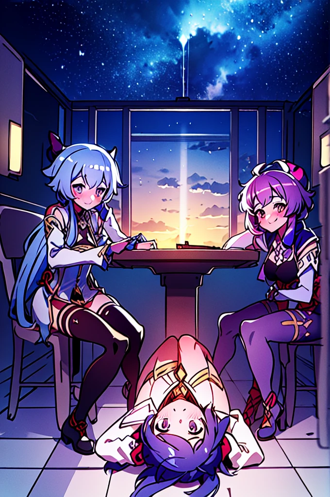 Very detailed,Pieces fly, Highest quality, Anime Images, Anime style etc.., Hired \(Genshin Impact\), Sit at the table, View from above, smile, 1 Girl, Twin Horn, ticker,Fits your body type, I can see the pussy , blush, Colorful pastel fantasy,Sexy pose,Very detailed background,Nice views,Beautiful and beautiful scenery,((Very detailed landscape)),Incredibly high quality,Night Sky
