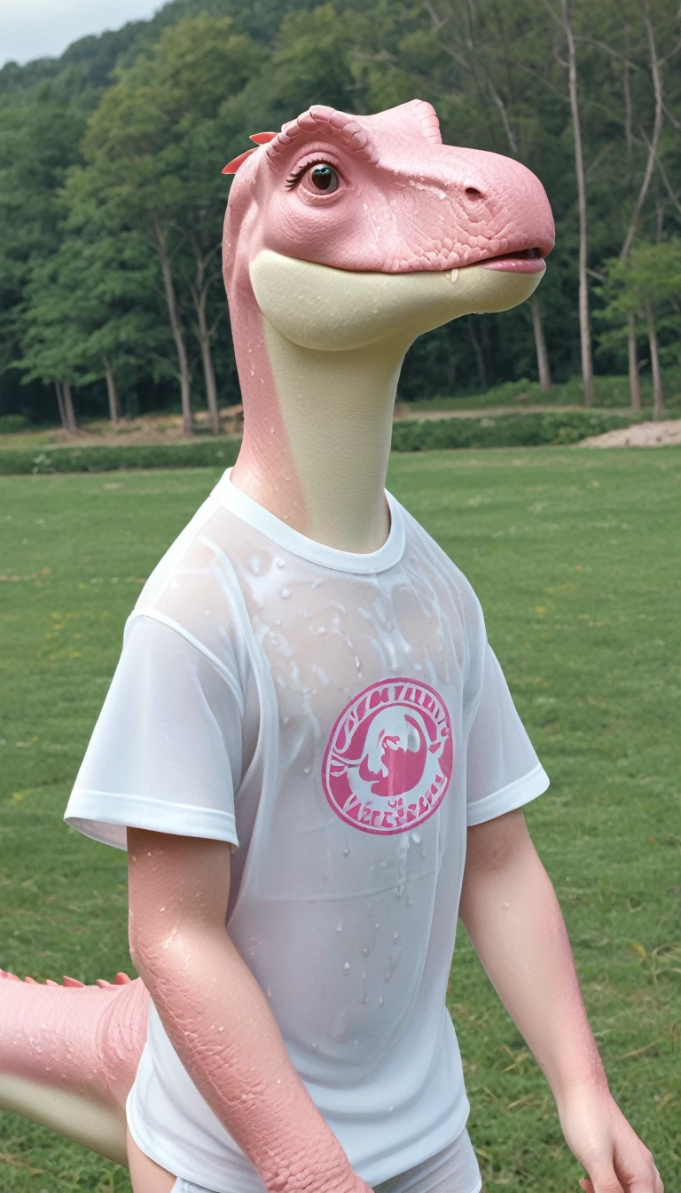 Cute pink dinosaur wearing a taut shirt,(No humans),E7E48U,Wet body,Background grassland