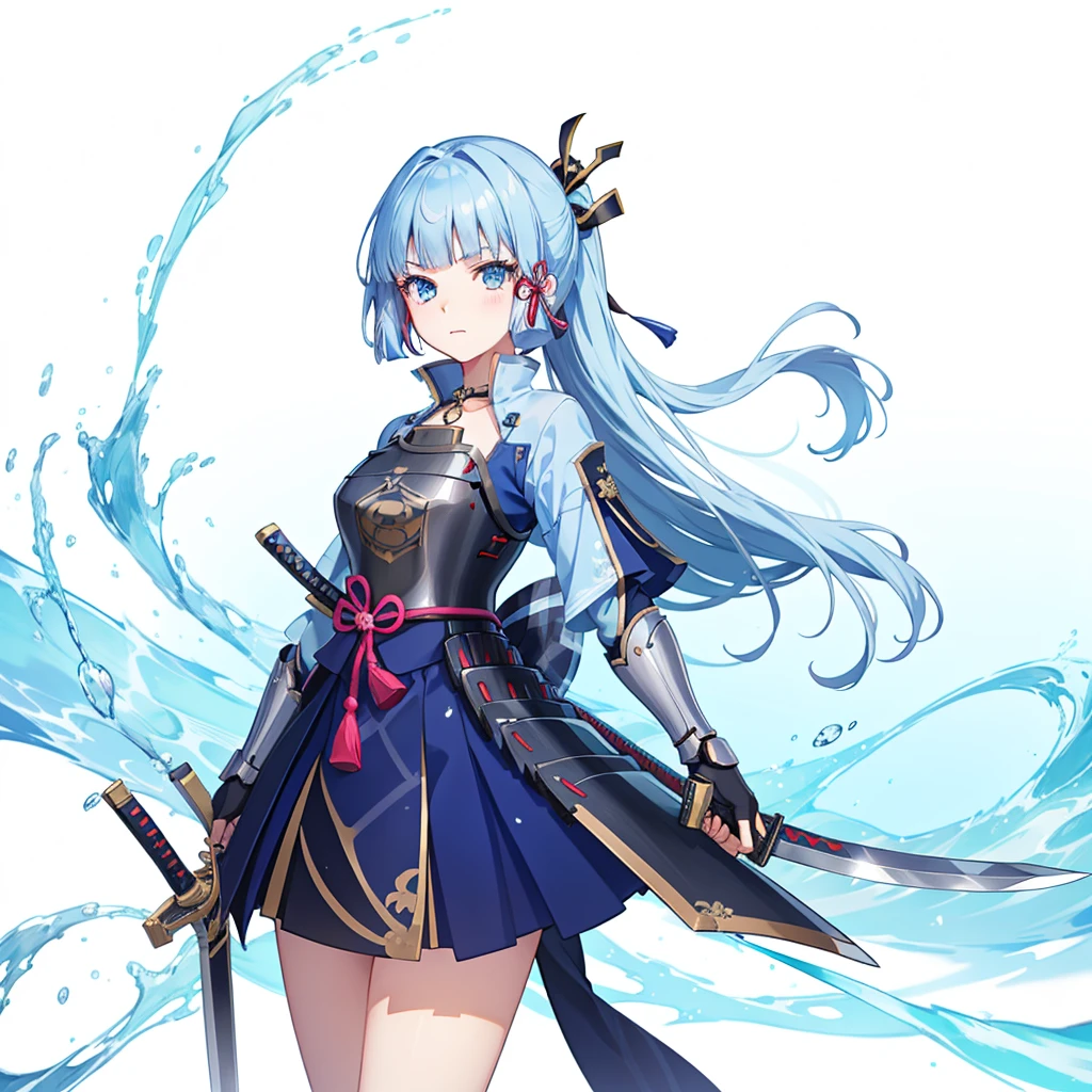 View the viewer, 1 Girl,  Highest quality, Blue Hair, blue eyes, Japanese style armor, Sword in hand, electricity, kamisato ayaka, whole body, blush, Serious face、Very detailed、high resolution、High resolution、Written boundary depth,White Background,A sword as big as your body