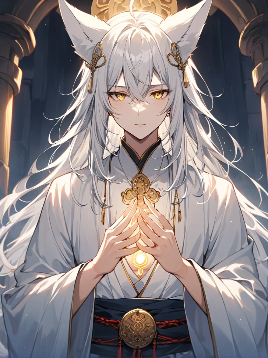 ((Best quality)), ((masterpiece)), (detailed), ((perfect face))、miyabi,a man, Long, flowing silver hair with delicate strands.
Sharp, piercing golden eyes. Fox ears on top of his head.
Serious and slightly mysterious.Pale and smooth.
Wears a robe that is slightly open at the chest, revealing part of his well-defined upper body.
The character exudes a sense of elegance and strength, with a calm and enigmatic aura. The lighting emphasizes his facial features and hair texture, creating a soft, almost ethereal glow.、In an ancient temple, Meditating, Dusk, Symmetrical, Close-up, Dim and mystical, Character's hands, Stone-like, Spiritual, anime style, attractive anime, pixiv fan art