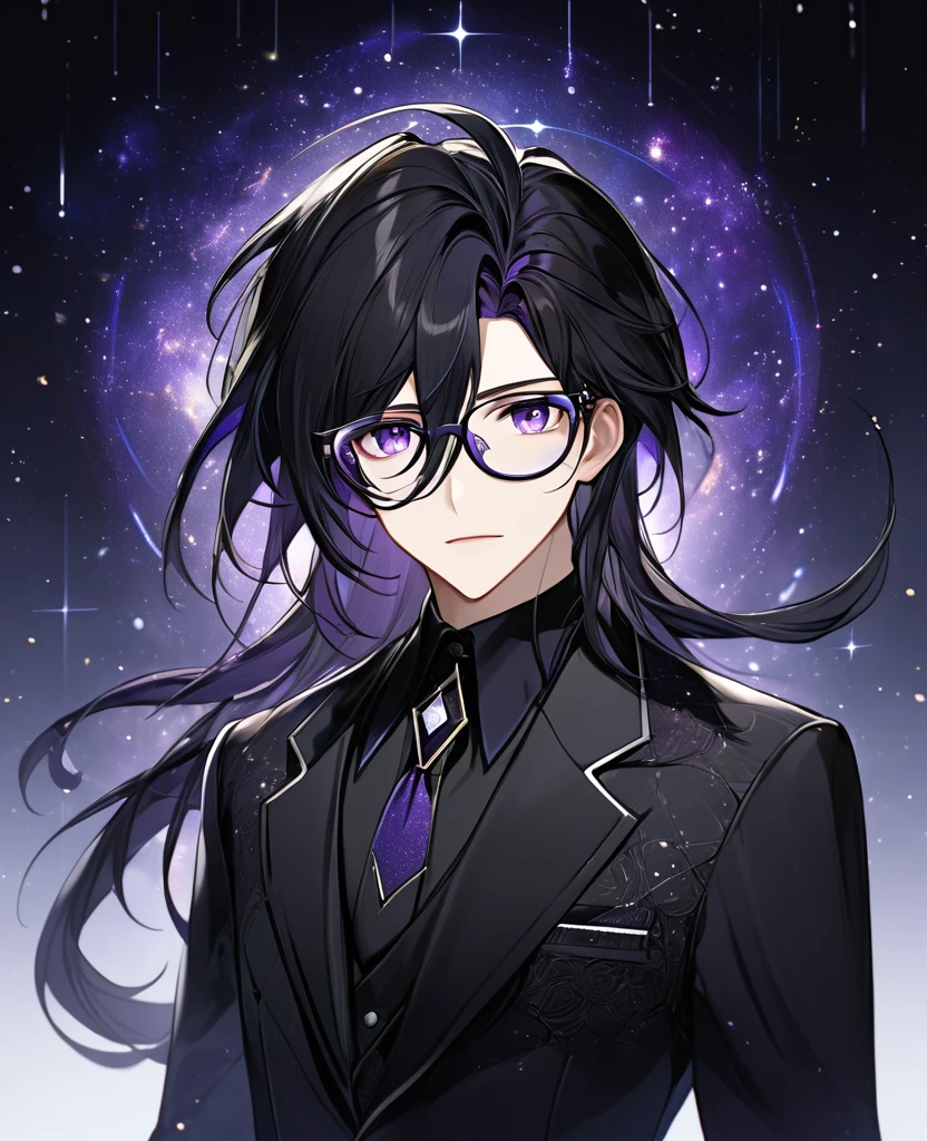 (black_hair), (dark_purple_eyes), (detailed_eyes), (attractive), (emotionless), (Deep_space_background), (male), (wearing _a_black_suit), (long_male_hair), (detailed_Hair), (detailed), (detailed_mouth), (mysterious), (complicated), (wears_transparent_square_glasses)