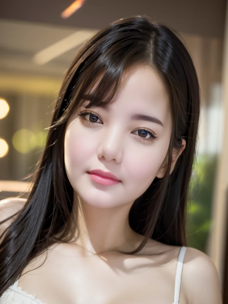 1girl, photo realistic, realistic, on back, looking at viewer, lying, bare shoulders, long hair, short hair, black hair, face, nose, lips, parted lips, teeth, eyelashes, collarbone, (best quality,4k,8k,highres,masterpiece:1.2),ultra-detailed,(realistic,photorealistic,photo-realistic:1.37),HDR,UHD,studio lighting,ultra-fine painting,sharp focus,physically-based rendering,extreme detail description,professional,vivid colors,bokeh