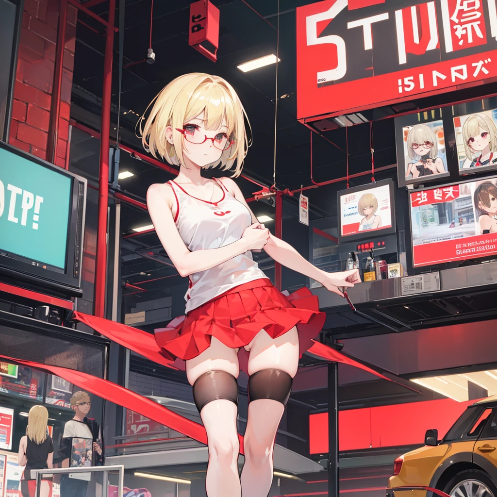 high quality,Short Bob,Glasses,Blonde,White tank top, red mini skirt,,Heel,black tights,In town