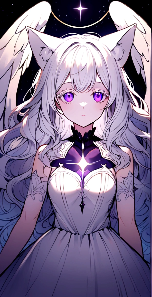 Face is close,Looking up,Long Wavy Hair,White hair is very attractive, Detailed and precise manual work, Attractive girl, White cat ears,Purple eyes and white eyelashes,Light in your eyes,Big angel wings,A subject that stands out against the dark night sky, White Dress, Hand-drawn illustrations