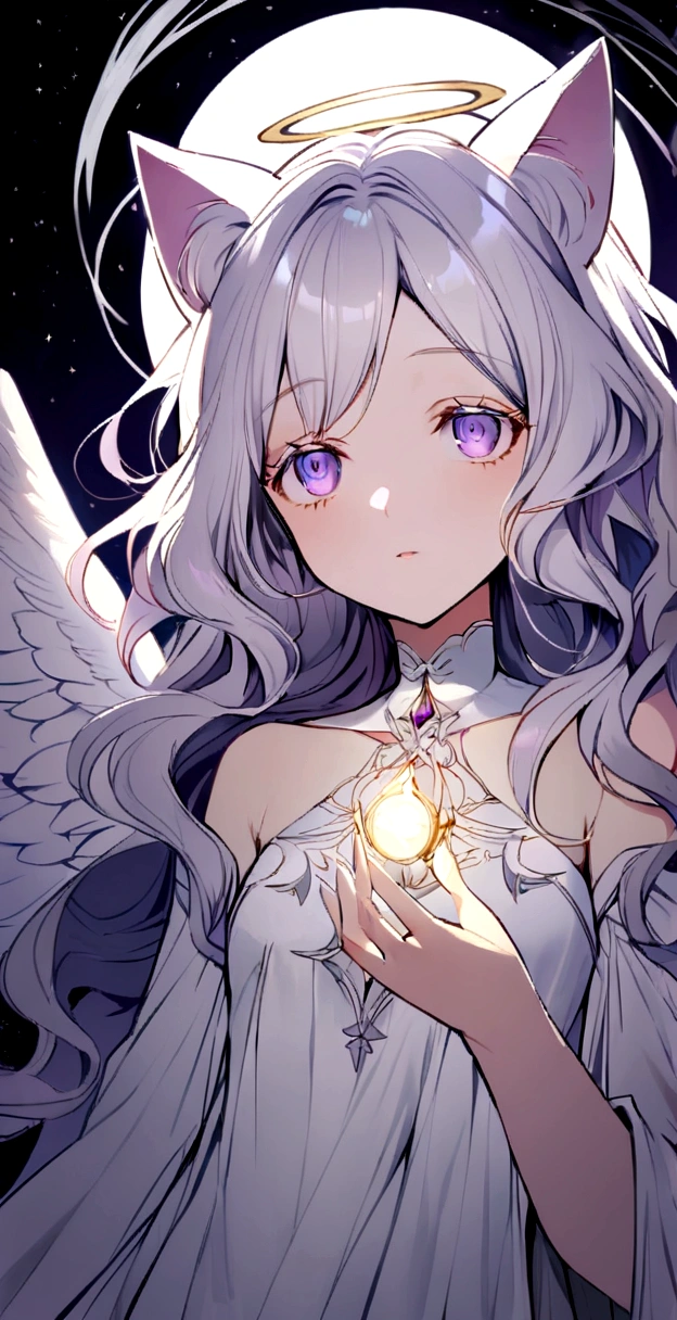 Face is close,Looking up,Long Wavy Hair,White hair is very attractive, Detailed and precise manual work, Attractive girl, White cat ears,Purple eyes and white eyelashes,Light in your eyes,Big angel wings,A subject that stands out against the dark night sky, White Dress, Hand-drawn illustrations