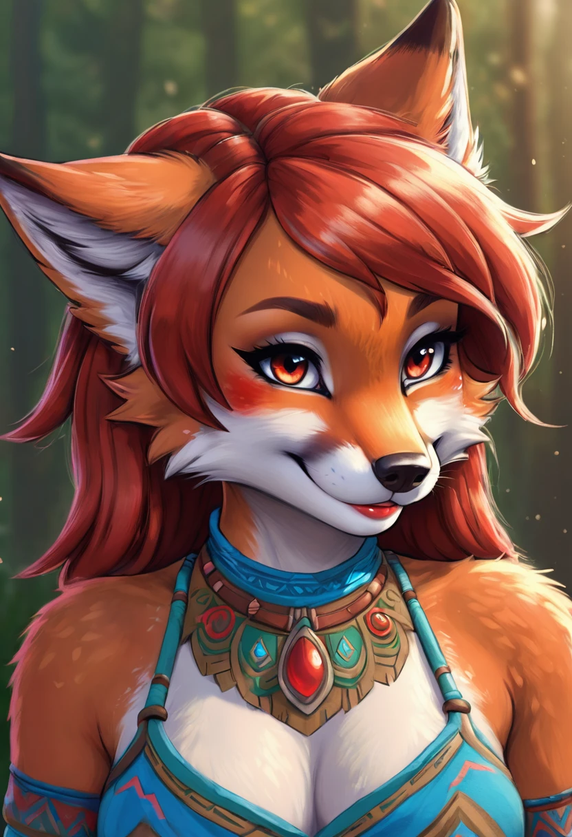 An Illustrated, Hand-Drawn, Full Color, Warm Lighting, Shadows, Graphite Shading, Stencil Marks, Airbrushed Acrylic Paint, In The Style Of Breath Of The Wild. ((Masterpiece)), ((Best Quality)), (Detailed), Luscious Lips, Image Of Anthro fox Girl, Female, Humanoid, Furry, Beauty, Cute, Adorable, red Skin Color, Hi Res, Sharp, Detailed Background, Wide Smile, Bright Eyes.