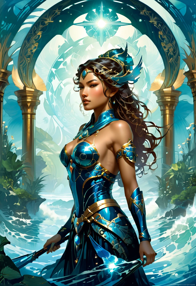 Atlantean warriors, Hedra, emerges as a luminary presence in the background. sci-fi fantasy, highly detailed, digital painting, artstation, concept art, smooth, sharp focus, illustration, art by artgerm and greg rutkowski and alphonse mucha