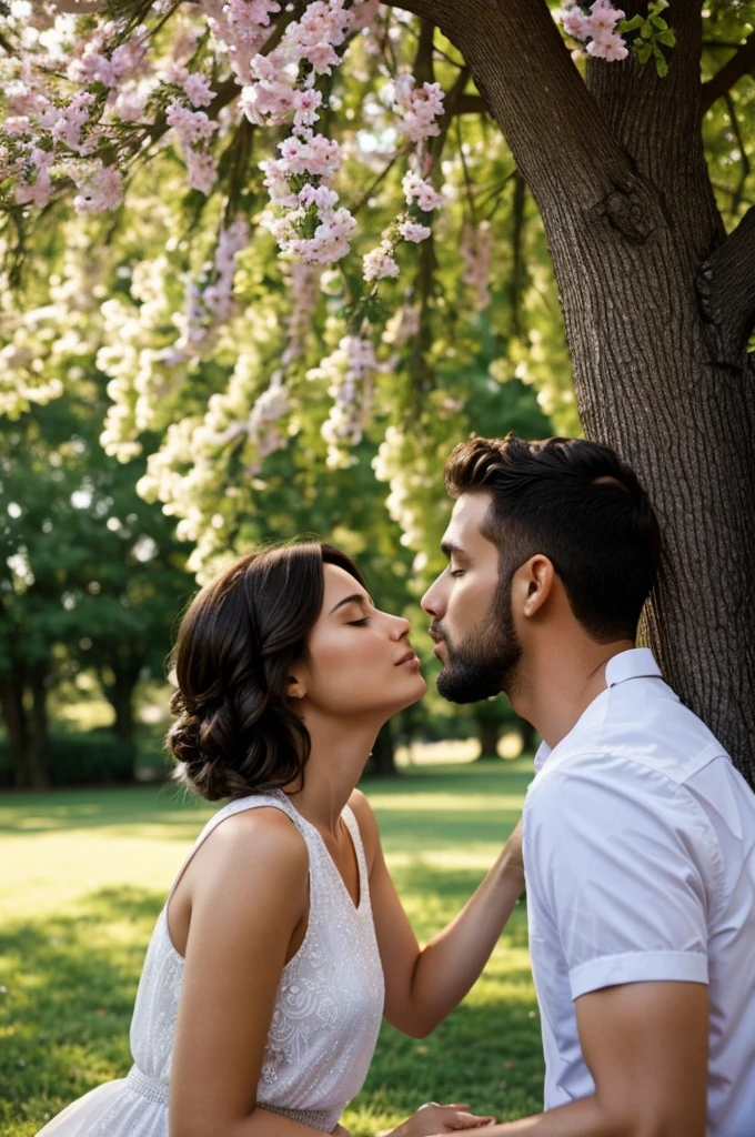 Under a tree in the summer, a man and a woman in summer clothes kiss each other