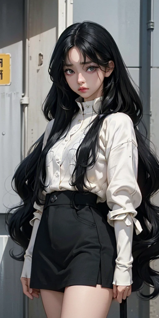 create an image like a drawing from a somewhat realistic anime manga the following is a girl with completely black hair, curly medium wavy, with white half yellow skin, completely black eyes, without irises or pupils and with lenses,rude and threatening tired look 