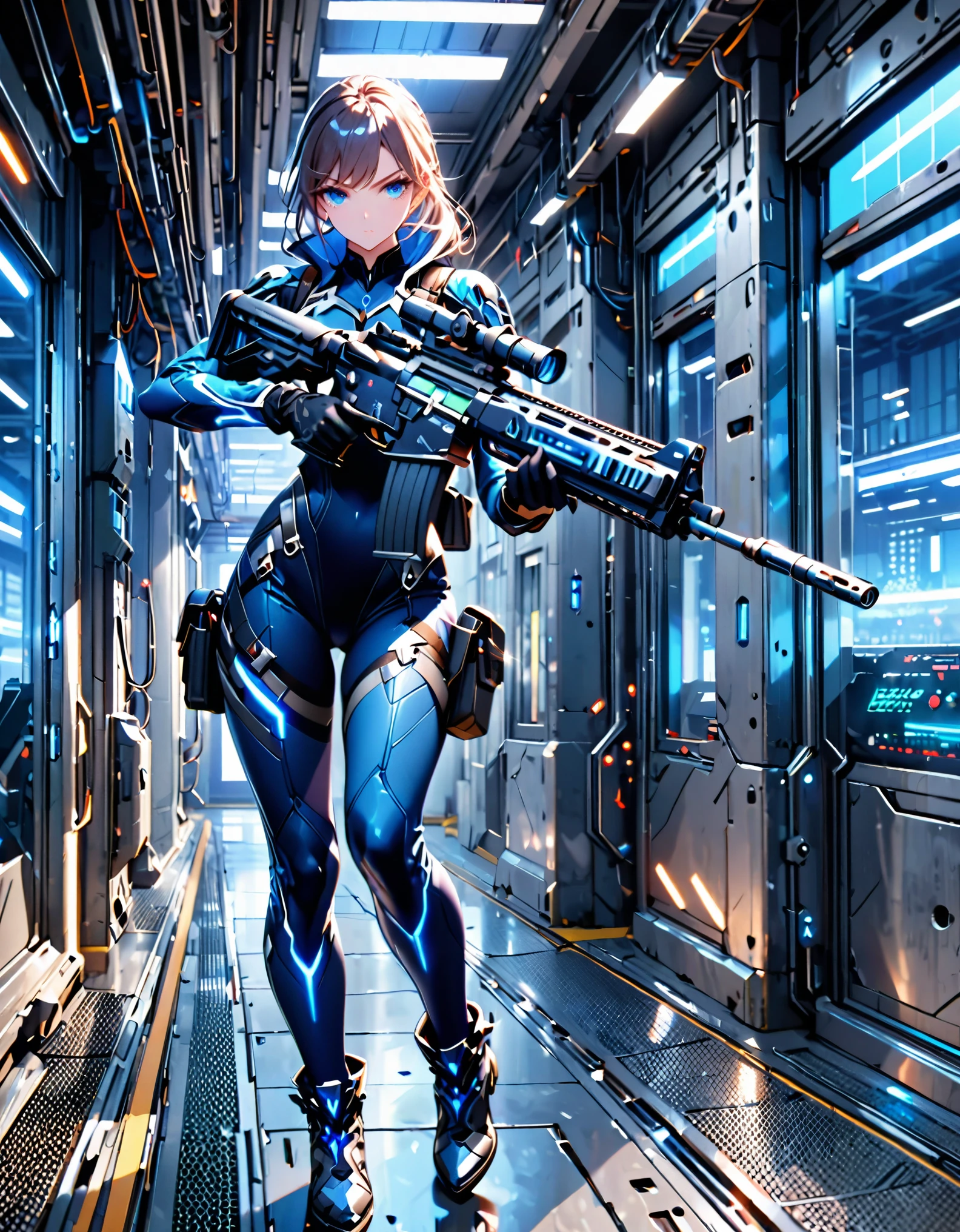 masterpiece, highly detailed, best quality, high quality, 1girl, (solo, solo focus), beautiful detailed eyes, beautiful detailed face, (perfect hands, complete fingers), perfect anatomy, perfect proportions, detailed shadows, detailed light, (blue skintight bodysuit, (black leotard), shoulder holster,) matching gloves, (full blue pantyhose, skintight blue leggings, perfect fit), matching boots, full body, serious, full body costume design. hi-tech spy building, indoors. ((holding assault rifle)).
