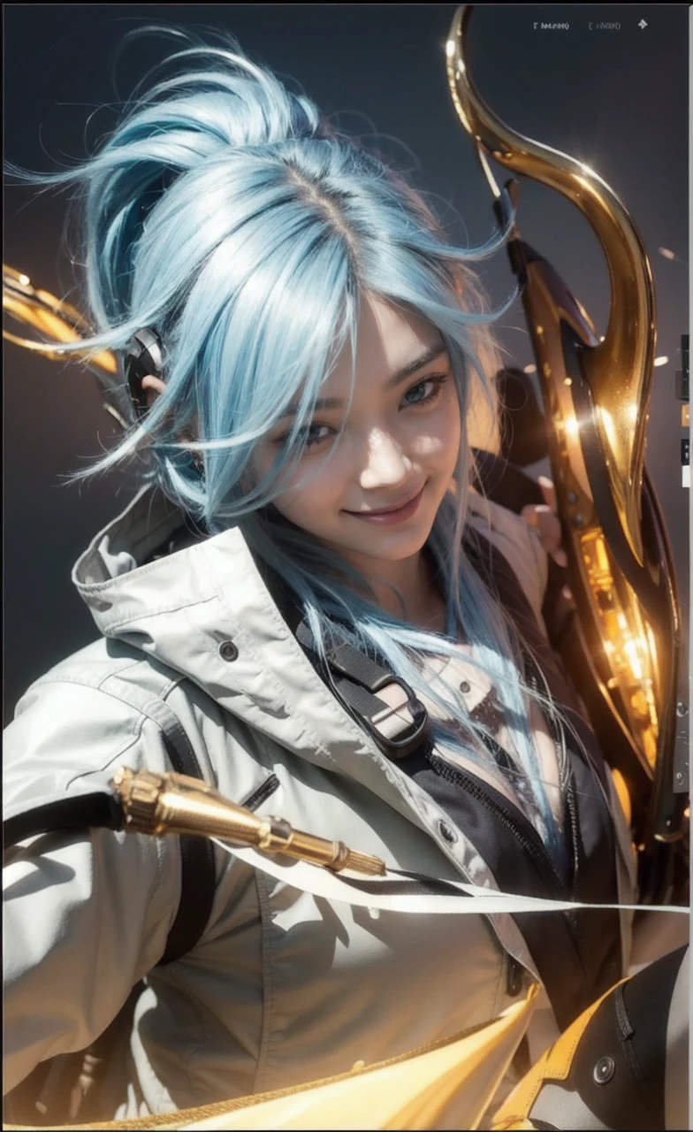 8k, best quality, masterpiece, realistic, ultra detail, photo realistic, hyper realistic, smoother lighting, increase cinematic lighting quality, realistic lighting, backlighting, brightening light, Increase quality, best quality real texture skin, 
close-up, slender, cute face, smile, beautiful details eyes, 19years old korean, pretty, Drill hair with electric blue color, hood,