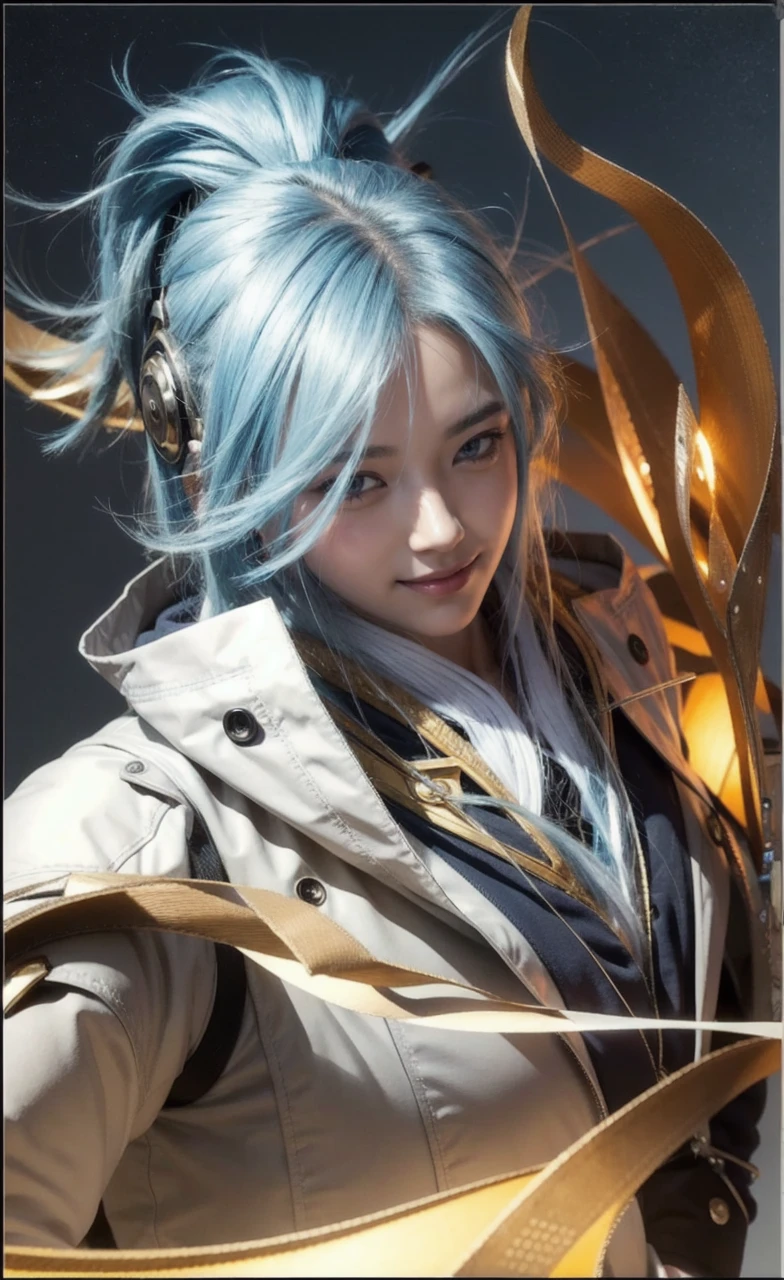 8k, best quality, masterpiece, realistic, ultra detail, photo realistic, hyper realistic, smoother lighting, increase cinematic lighting quality, realistic lighting, backlighting, brightening light, Increase quality, best quality real texture skin, 
close-up, slender, cute face, smile, beautiful details eyes, 19years old korean, pretty, Drill hair with electric blue color, hood,