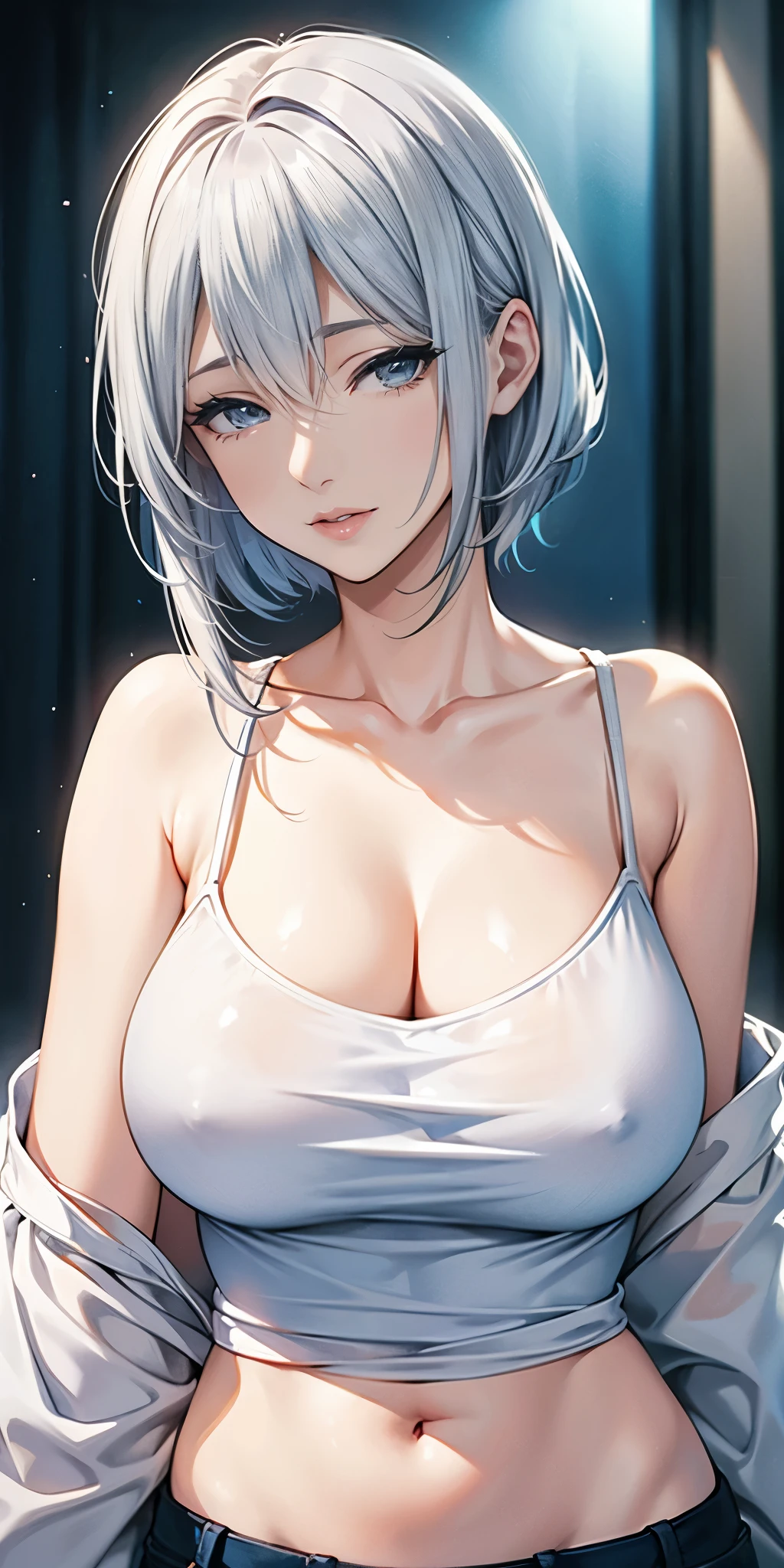 Mature beautiful female,silver hair,blue eyes,short camisole,crop shirt,Off shoulders,breast,white,Art, anime,illustration,high details