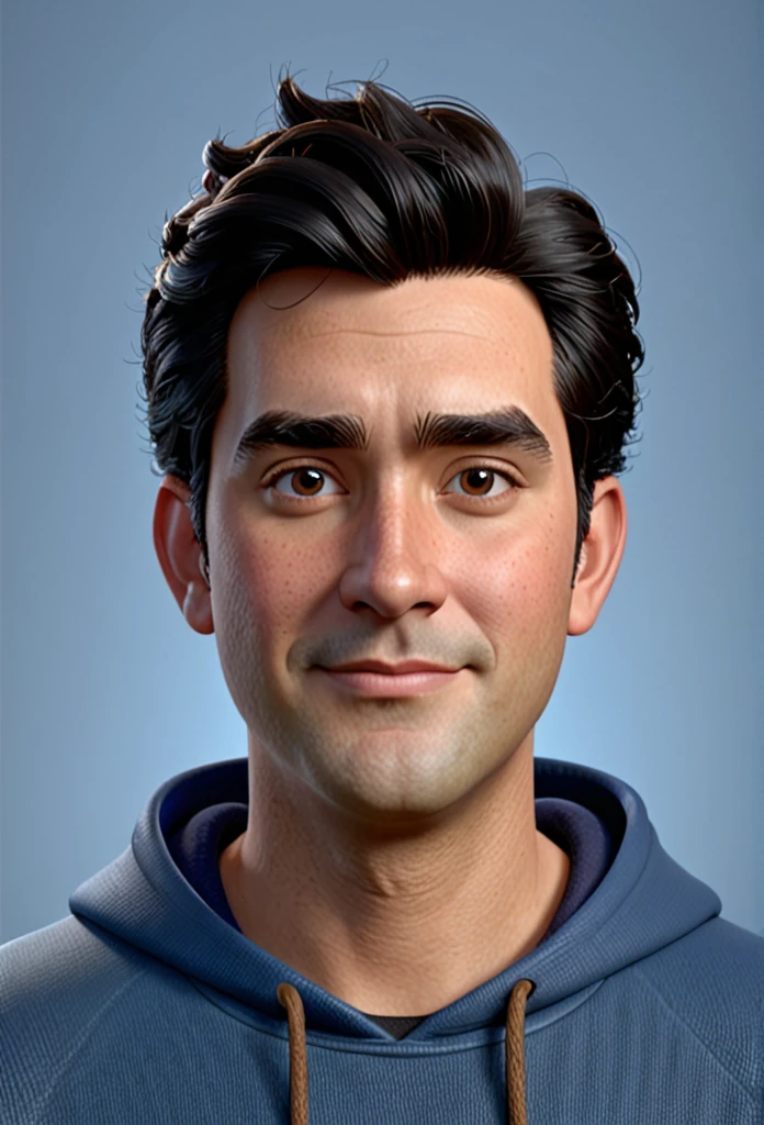 A closeup of a man, wearing black hoodie and blue jeans, slippers, character headshot portrait, 8k portrait rendering, disney rendering, personagem de perto, retrato de personagem em close, Personagem 3D realistic, personagem estilizado, como um personagem da Pixar, personagem altamente detalhado, Personagem 3D, personagem 3d, estilo de personagem da Disney, close do retrato do personagem, personagem masculino.