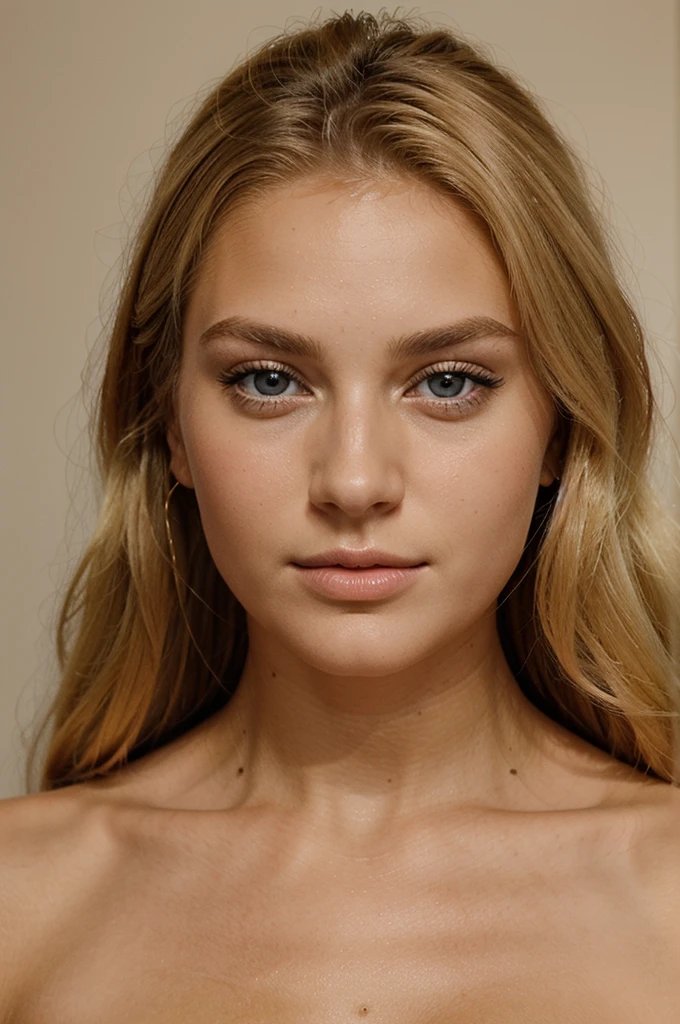 femme de 23 ans blonde mannequin, très grosse lèvre beaucoup maquillé, visage de face, beau regard et beau bronzage, réaliste