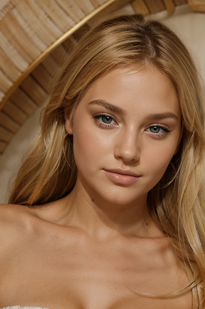 femme de 23 ans blonde mannequin, très grosse lèvre beaucoup maquillé, visage de face, beau regard et beau bronzage,  réaliste