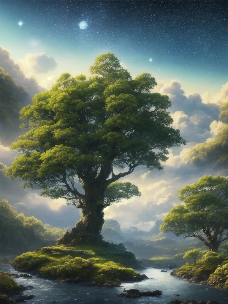 Illustration of a hyperrealistic , otherworldly, ultrasky scene featuring a giant crystal tree full body,very detailed and magical lighting, intricate forest details, vegetation and river around, solarpunk ,landscape, giant tree, beatifull leafy with beautiful lighting and realistic proportions, as if it were a cinematic background, 8k, highest quality, masterpiece, clouds and stars in the sky.