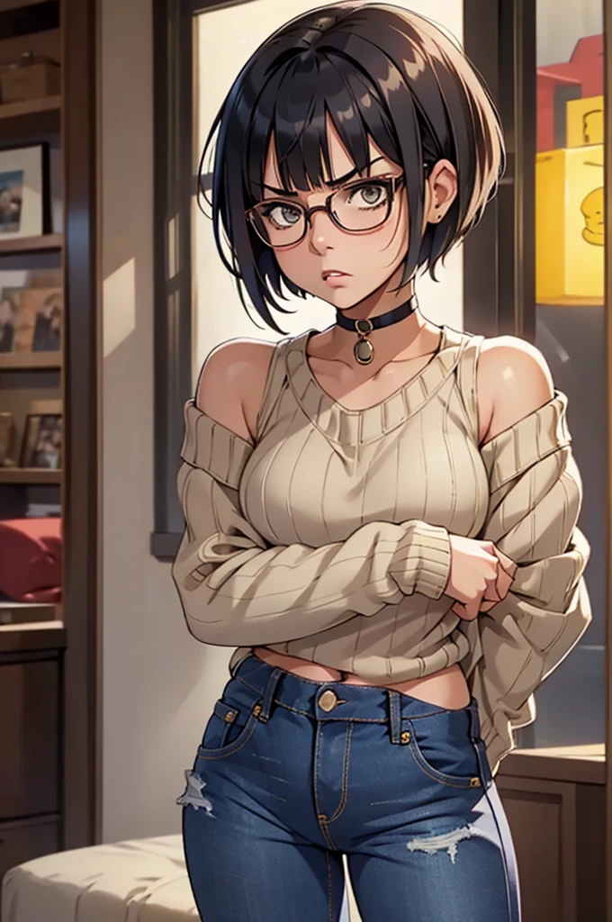 (best quality) (detail), 1 girl , angry face, sweater, glasses, short jeans, short hair with flat bangs, wearing choker, photography, pose.