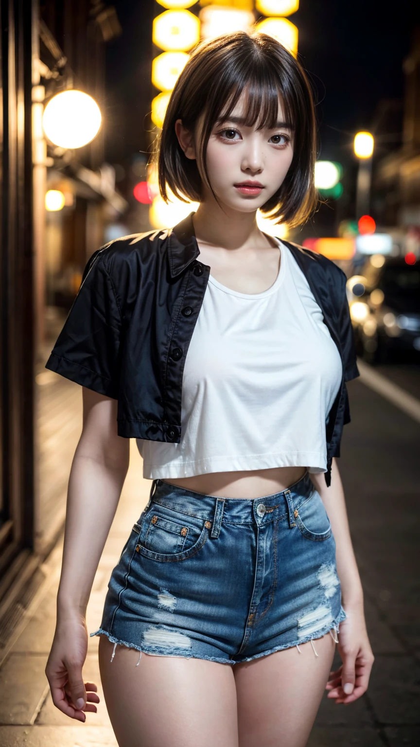 (8K, RAW Photos, Highest quality, masterpiece:1.2), masterpiece, super detailed, super high quality, (Realistic and photorealistic photography:1. 37), High-resolution RAW color photos, Very delicate and beautiful, highly detailed, 8k wallpaper, wonderful, detailed, Very eye, very detailed, very detailed skin, very thin fingers, very detailed nose, very detailed mouth, Perfect Anatomy, BREAK,18 year old girl, Colossal tits, short bob hair, black hair color, cute type, Lolita, Beautiful makeup, glitter makeup, Big Natural Color Lip, perfect body shape, crying a little, beautiful legs, Voluptuous thighs, BREAK, (Fashionable, white t-shirt, a denim miniskirt:1.2), BREAK, night club, at midnight
