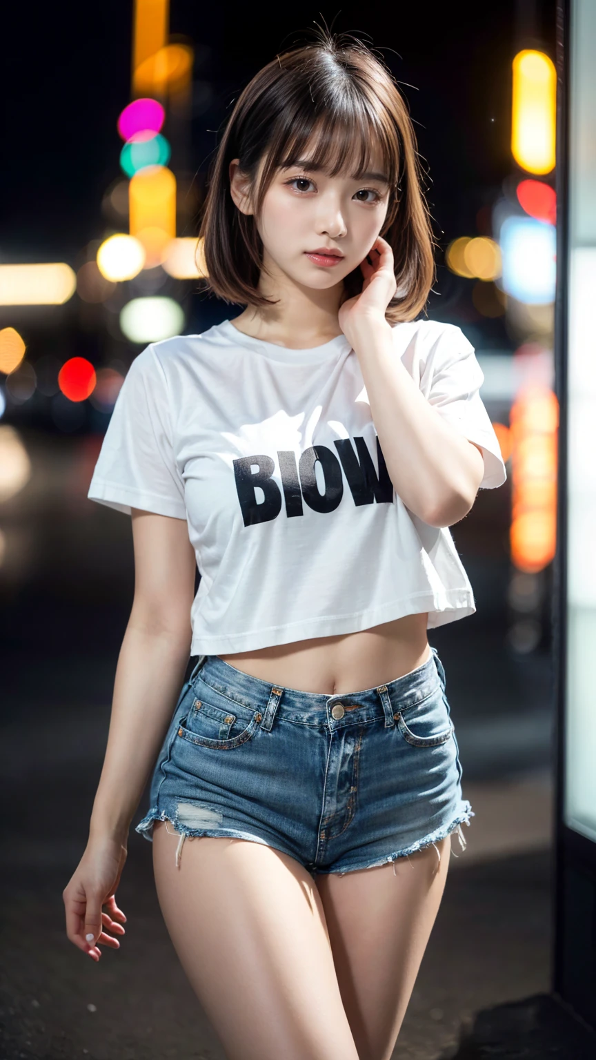(8K, RAW Photos, Highest quality, masterpiece:1.2), masterpiece, super detailed, super high quality, (Realistic and photorealistic photography:1. 37), High-resolution RAW color photos, Very delicate and beautiful, highly detailed, 8k wallpaper, wonderful, detailed, Very eye, very detailed, very detailed skin, very thin fingers, very detailed nose, very detailed mouth, Perfect Anatomy, BREAK,18 year old girl, Colossal tits, short bob hair, black hair color, cute type, ta, Beautiful makeup, glitter makeup, Big Natural Color Lip, perfect body shape, crying a little, beautiful legs, Voluptuous thighs, BREAK, (Fashionable, white t-shirt, a denim miniskirt:1.2), BREAK, night club, at midnight