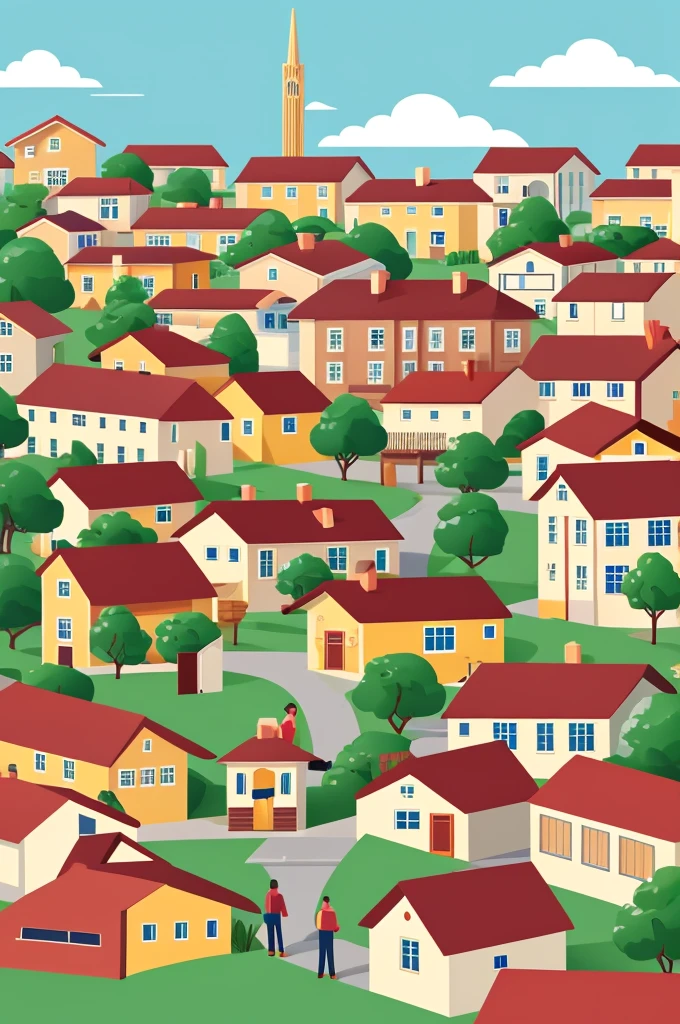 Make an illustration of a city with people and houses