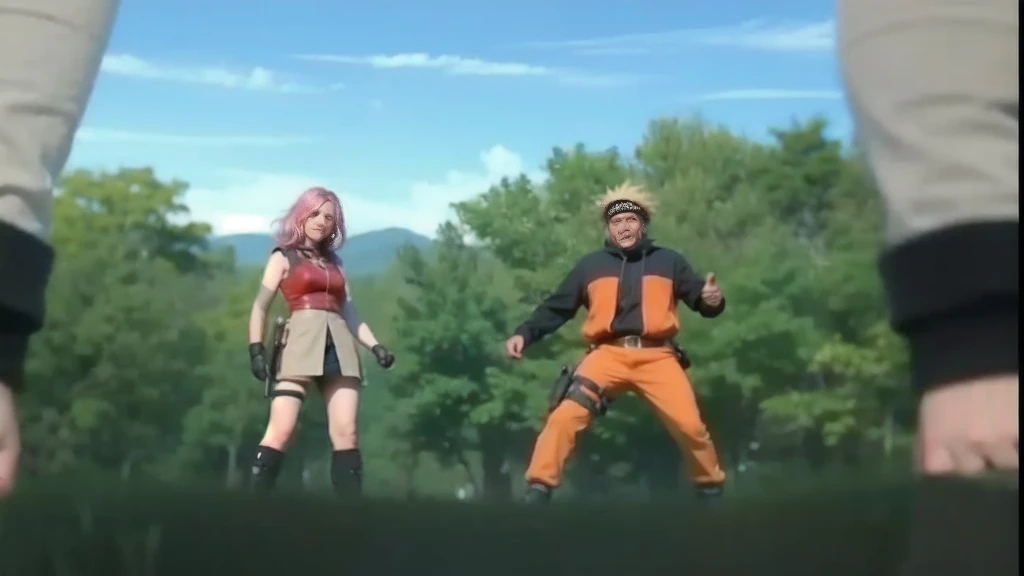 two characters in an outdoor setting with trees and a clear sky in the background. On the left, there is a character with pink hair, wearing a red sleeveless blouse, light shorts and ninja-like accessories, such as arm protectors and a thigh bag. On the right, there is a character with spiky blonde hair, wearing an orange and black jacket with orange pants and a cold on his leg. Both appear to be in a ready posture, as if they are preparing for battle or training. The perspective is from behind another character in the foreground, whose body is partially visible, indicating that the viewer is seeing the scene from that character's point of view.4K resolution highlights, Sharp focus, octane render, ray tracing, Ultra-High-Definition, 8k, UHD, HDR, (Masterpiece:1.5), (best quality:1.5)