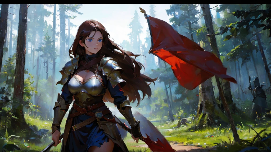 medium shot of a female warrior with fiery face, long dark hair, blue eyes, intense dark armour, wielding a spear, in a forest, moonshine, masterpiece, best quality, high quality, , photorealistic, extremely detailed, intricate, high detail.