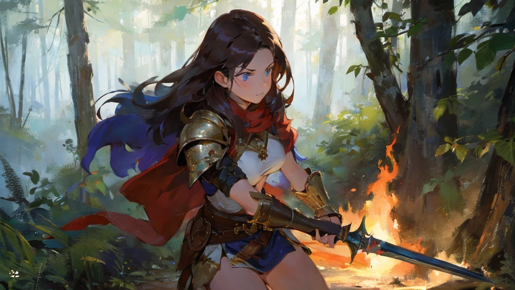 medium shot of a female warrior with fiery face, long dark hair, blue eyes, intense dark armour, wielding a spear, in a forest, moonshine, masterpiece, best quality, high quality, , photorealistic, extremely detailed, intricate, high detail.