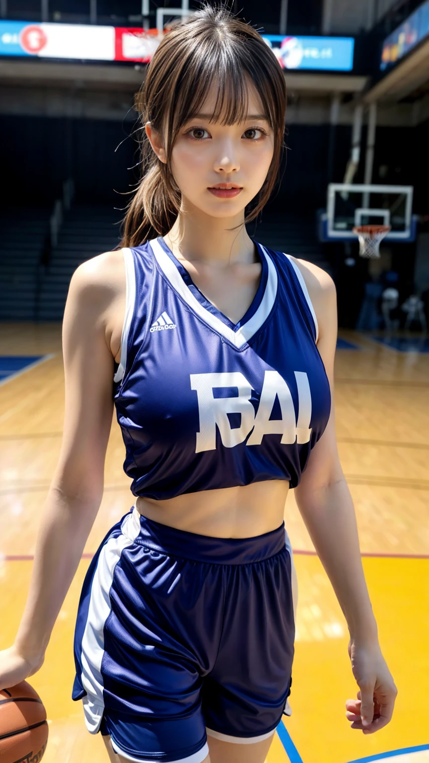 (8K, RAW Photos, Highest quality, masterpiece:1.2), masterpiece, super detailed, super high quality, (Realistic and photorealistic photography:1. 37), High-resolution RAW color photos, Very delicate and beautiful, highly detailed, 8k wallpaper, wonderful, detailed, Very eye, very detailed, very detailed skin, very thin fingers, very detailed nose, very detailed mouth, Perfect Anatomy, BREAK,18 year old girl, ponytail, huge breasts, colossal tits, very huge round breasts, (perfect body shape:1.1), Big Natural Color Lip, cute type, ta, (Details High quality, realistic depiction of eyes:1.3), Beautiful makeup, glitter makeup, BREAK, (basketball sportswear, sporty short pants:1.2), hair band, play basketball, BREAK, (gymnasium:1.2), bold sexy pose, hposing Gravure Idol, full body photo
