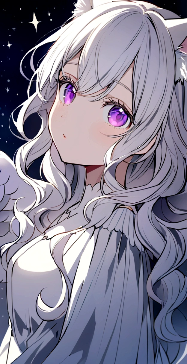 Look at me,Face is close,look up,Long Wavy Hair,White hair is very attractive, Detailed and precise manual work, Attractive girl, White cat ears,Purple eyes and white eyelashes,light in your eyes,Big angel wings,A subject that stands out against the dark night sky, White Dress, Hand-drawn illustration