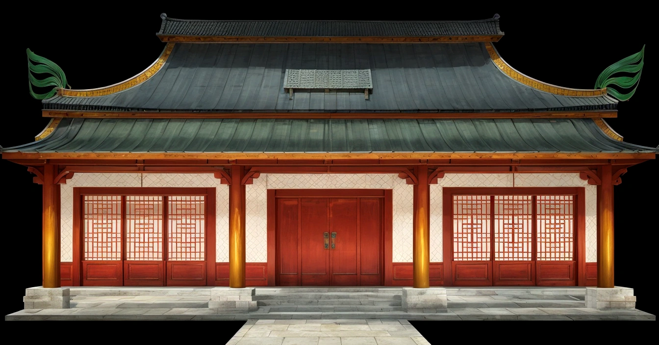 illustration of a traditional chinese building with a red door and a green roof, temple background, background depicting a temple, zen temple background, chinese building, palace background, background art, house background, random background scene, chinese palace, digital painting of a pagoda, game asset, 2d game asset, chinese style, tang dynasty palace, background artwork, chinese temple, japanese temple