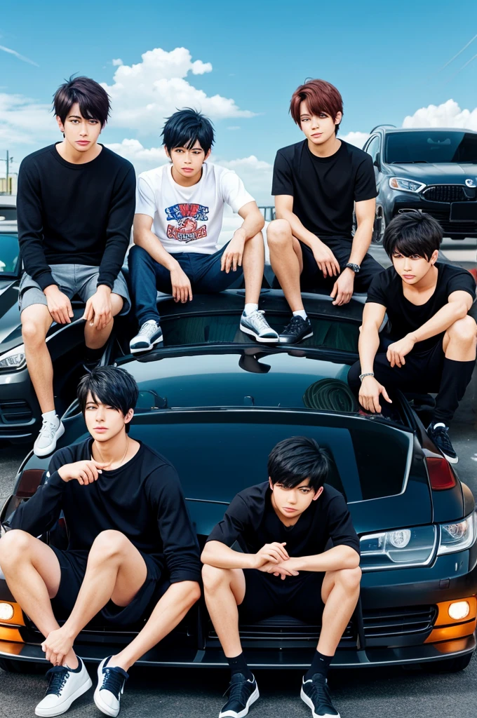 5 boys sitting on 5 cars anime style