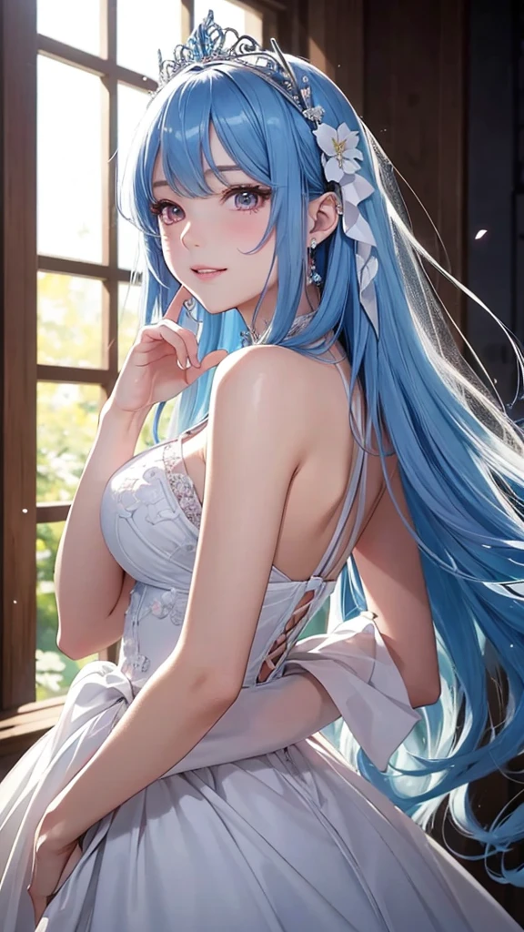 a women, blue hair, blue eyes, white dress