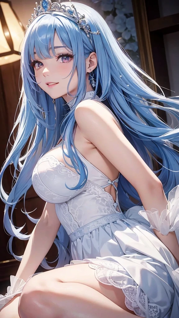 a women, blue hair, blue eyes, white dress