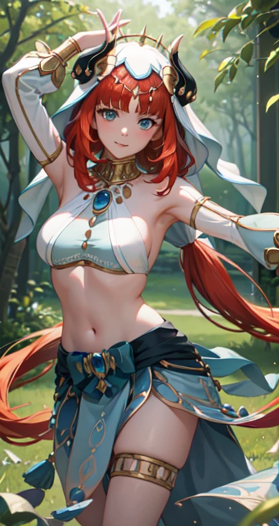 nilou (genshin impact), nsfw, masterpiece, 1 girl, erect nipples, intricately detailed, topless, navel, skirt, harem outfit, bare shoulders, lake, erect nipples, puffy nipples, extremely detailed, photorealistic, octane render, 8 k, unreal engine, bare breasts, nipples, bare stomach, sweaty, moist breath, small breasts, headdress, collarbone, wet body, saliva, drooling, orange hair, dancing, dynamic pose, smiling, futuristic, long skirt, sarong, aqua eyes, enchanted forest, waterfalls, fireflies, long hair, twin tail