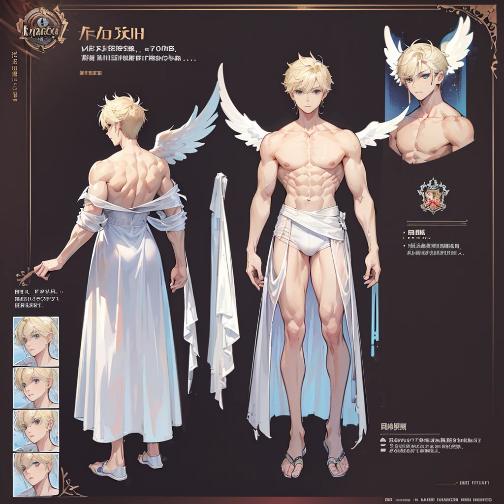 (Masterpiece, best quality), detailed, 1 man, ((character concept art)), ((character design sheet, same character, front, side, back)), full body, body complete, 1 Male angel, 1 Man angel, Detailed face, character design sheet,full bodyesbian, Highly detailed, character sheet, character design, Many parts, dark skin, angel wings, short blonde hair, angel outfit, muscle male god, male clothes, masculine, muscle man, male muscle, manly, male angel, Muscle male with short blonde hair,beautiful man, beautiful muscle man