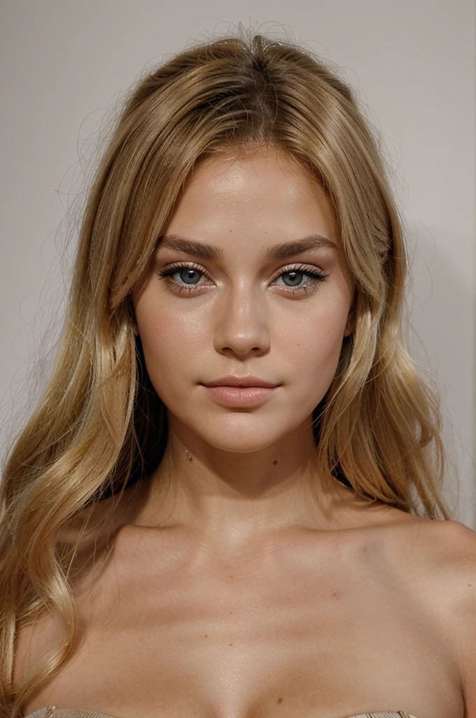 femme de 23 ans blonde mannequin, très grosse lèvre, bouche pulpeuse, belle lèvre, lèvre pulpeuse, beaucoup maquillé, visage de face, beau regard et beau bronzage, réaliste