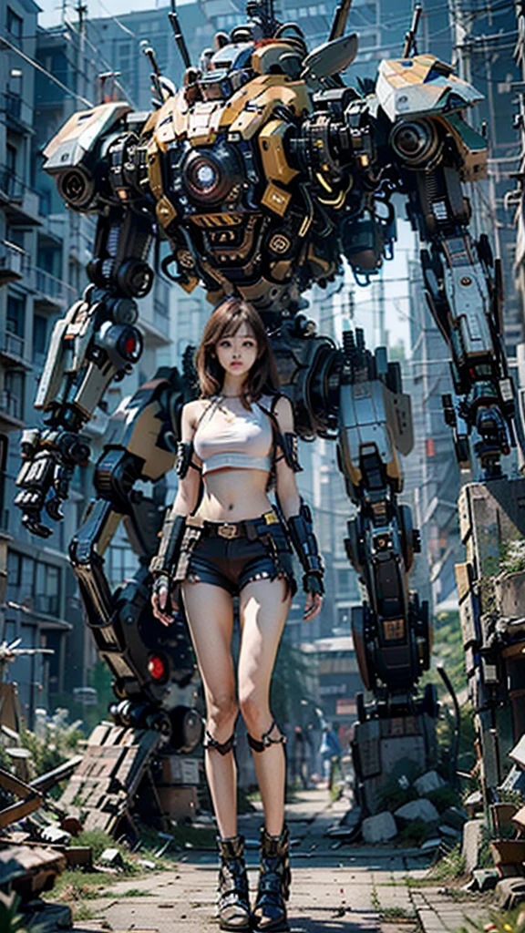 ((masterpiece, best quality)),illustration,ultra detailed 8k,photorealistic,sharp focus,highly detailed,professional lighting,colorful details,iridescent colors BREAK extreme long shot of a factory,large mechanical robot construction,microchip,computer,glowing,intricate details,shitu-mecha,1girl is standing in front of the audience,Navel