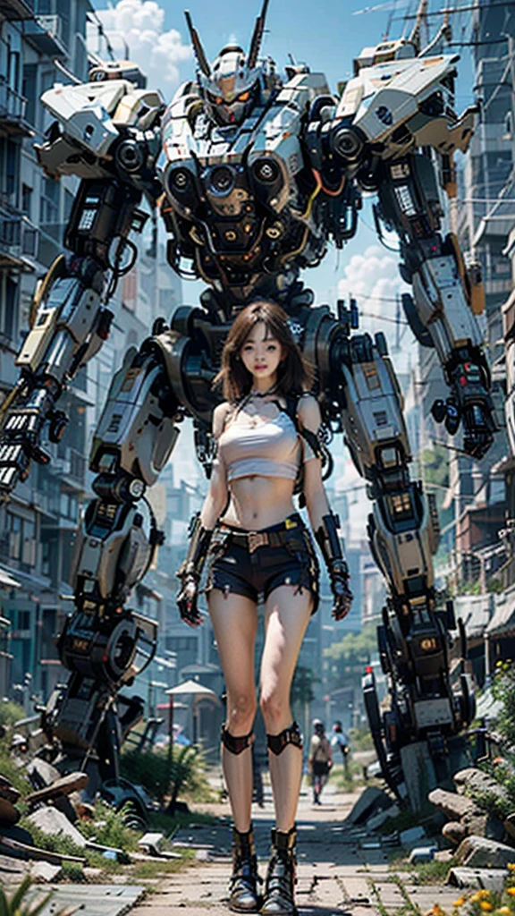 ((masterpiece, best quality)),illustration,ultra detailed 8k,photorealistic,sharp focus,highly detailed,professional lighting,colorful details,iridescent colors BREAK extreme long shot of a factory,large mechanical robot construction,microchip,computer,glowing,intricate details,shitu-mecha,1girl is standing in front of the audience,Navel