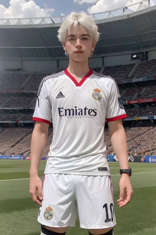 ((best qualityer)), (detailded),1 boy on his back, white hair and red eyes, white cuff that covers from the wrist to the forearm, white Real Madrid shirt with the name Matheus and number nine, shorts do Real Madri, long sock up to the thigh, Nike soccer cleats in a stadium.