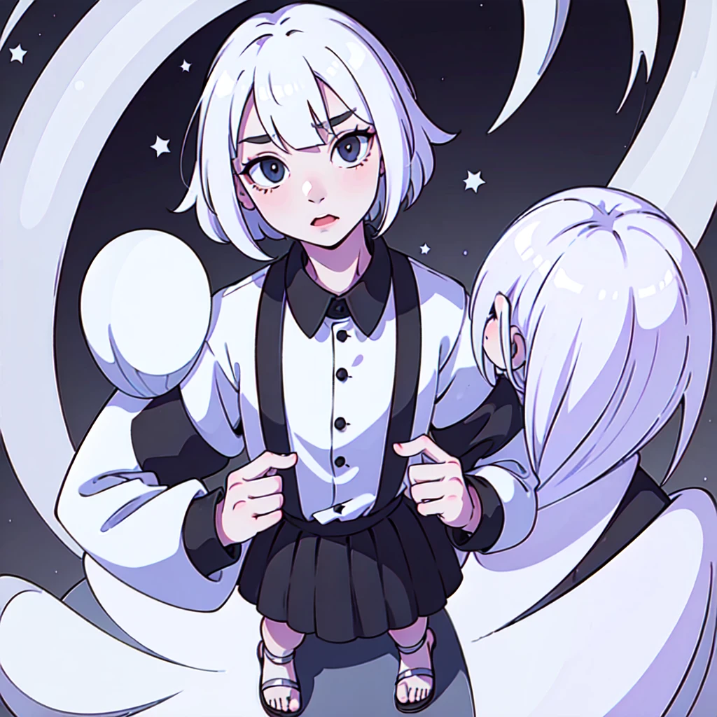 Tall very albino a Femboy, his hair is white and short. He wears a black striped long-sleeved blouse and sandals. 