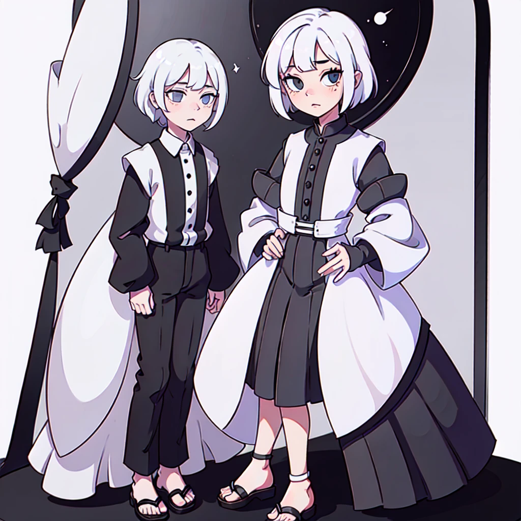 Tall very albino a Femboy, his hair is white and short. He wears a black striped long-sleeved blouse and sandals.