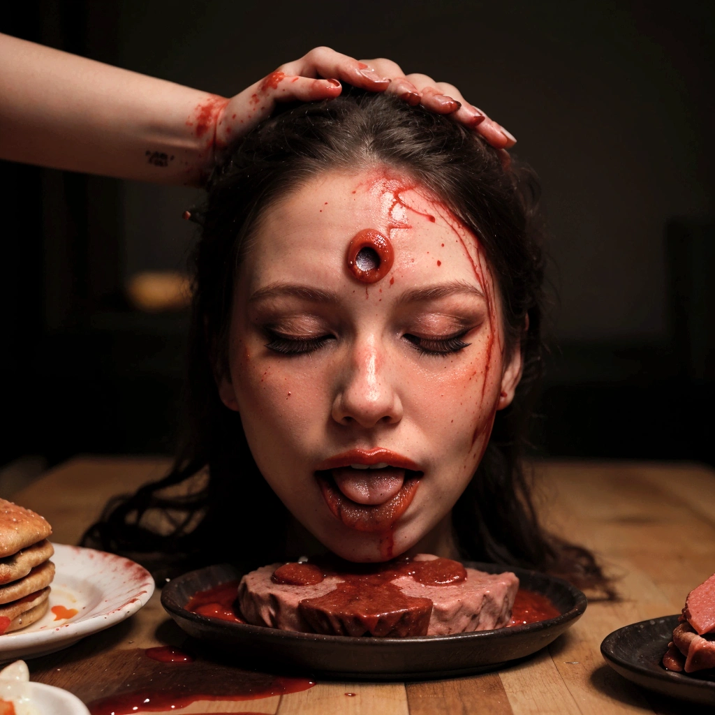 decapitated female head on a plate, covered in flesh, full of blood, ((eyes closed)), served like a food dish, bloody, photorealistic, 4K, Nikon, horror, ahegao face, tongue out